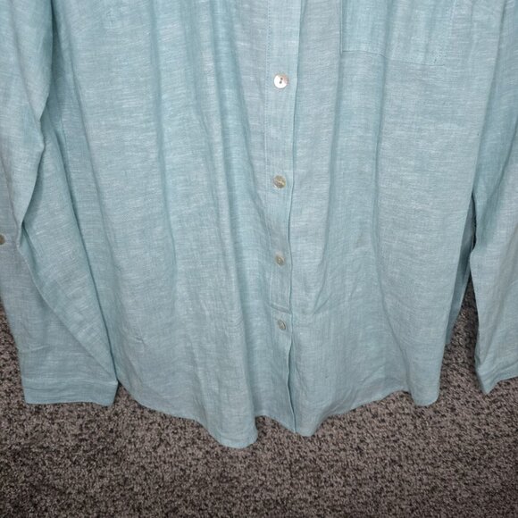 Susan Graver Top Womens Medium Blue Linen Blend Button Up Roll Tab Sleeve Ladies - Picture 5 of 7